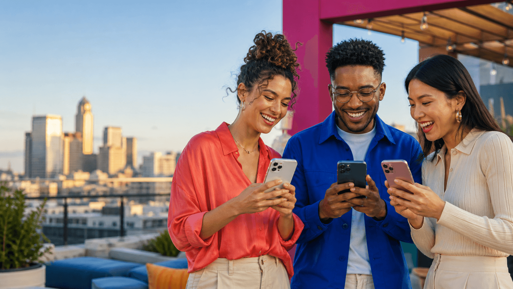 Three friends smiling while comparing new smartphones